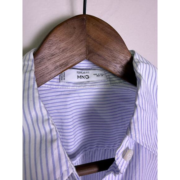 MNG Mango Women’s Striped Button Down Shirt 4 Blue White Cotton Top - Picture 3 of 5